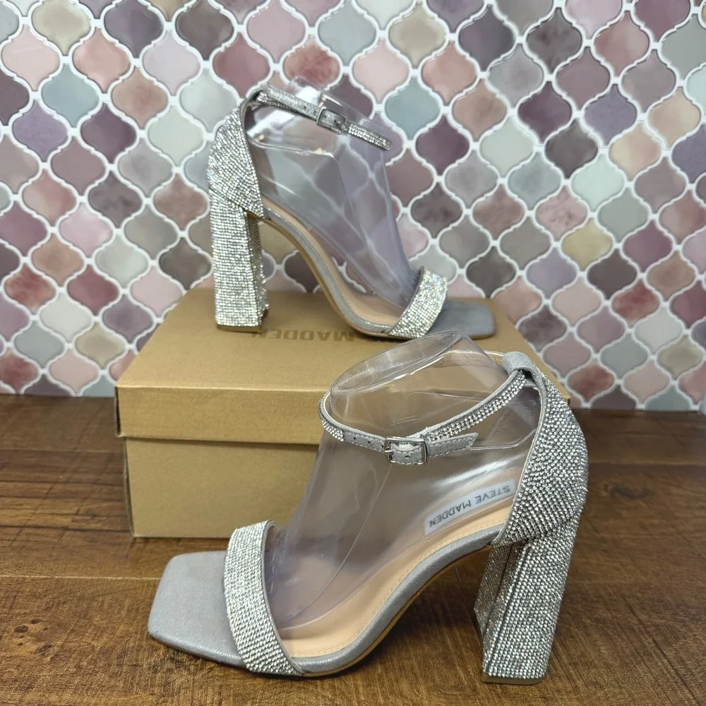 Steve Madden TIAA-R Rhinestone Block Heels Silver‎ 9.5 w/ Box